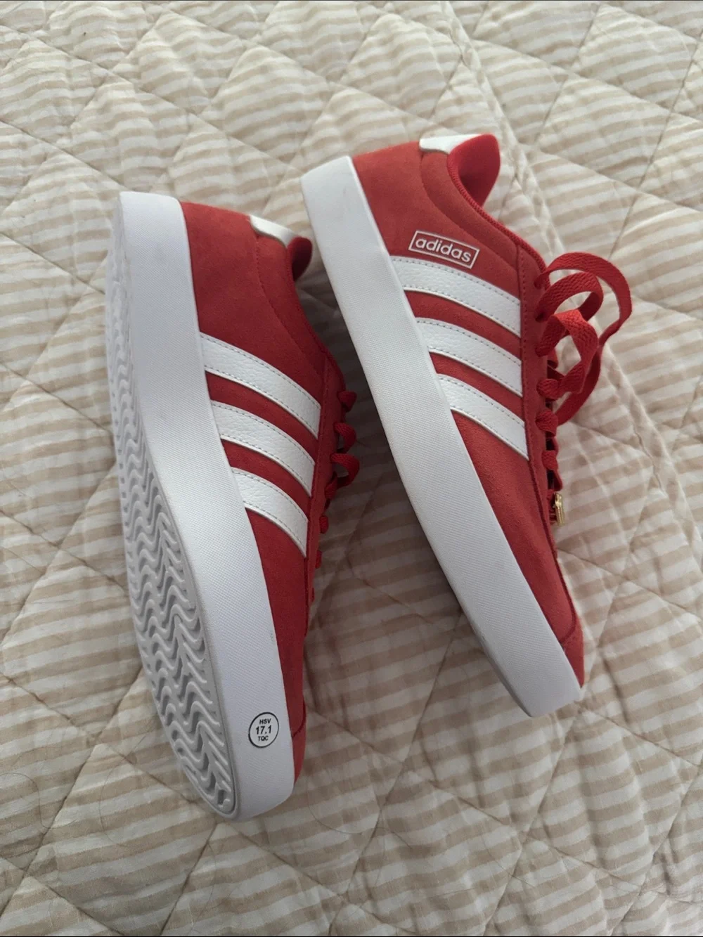 adidas Red Suede Sneakers with White Stripes and Blue Tongue Tag
